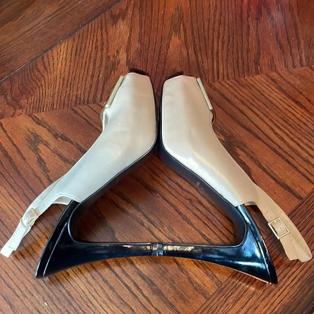 Nine West ivory leather black patent and gold accent slingback platform heels